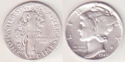 1940 USA silver 10 Cents (Dime) A004460